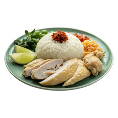Hainanese Chicken Rice on Plate with Transparent Background