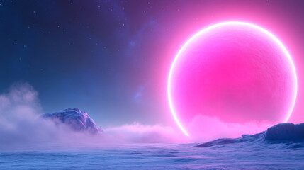 Surreal pink planet with turquoise ice caps and cosmic sky