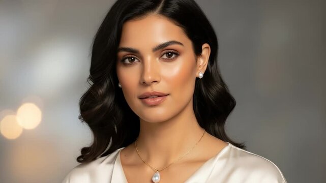 Elegant female adult middle eastern woman models exquisite pearl jewelry. Her radiant beauty and sophisticated style perfectly highlight the timeless design of the accessories