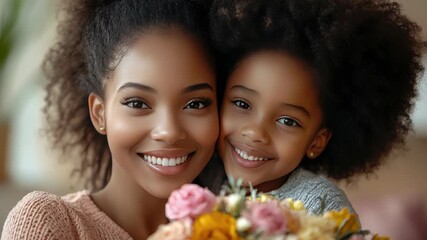 Afro girl congratulating her mom with flowers at home. Banner for Mother's Day, March 8, Birthday.