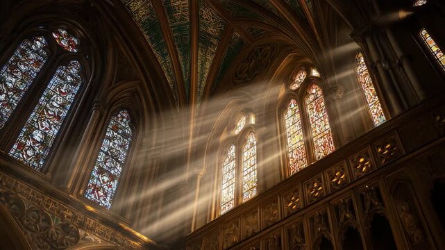 夕日の光芒が彩色ガラスを照らす