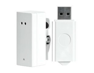 Two white, rectangular electronic devices, one with a USB connector