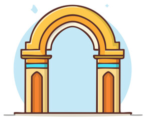 Fototapeta premium Cute cartoon architectural archway or gate for entry in gold and teal on a light blue background