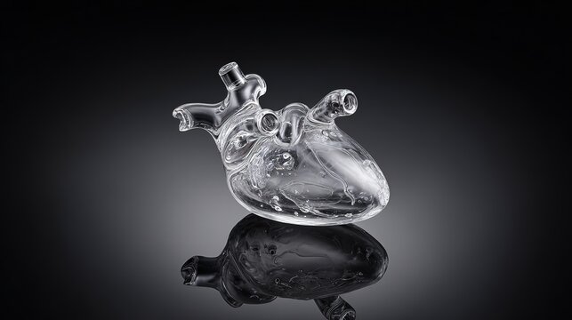 Photoreal glass heart and statin pill render, focusing symbolic relationship, cinematic shallow depth and side light with blank background