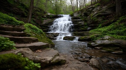 A serene waterfall cascades down rocky ledges alongside a moss covered stone staircase in a lush forest