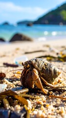 Hermit crab on polluted beach