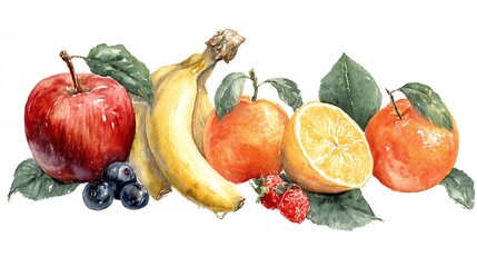 Vibrant Watercolor Fruit Medley Illustration: Fresh Apples, Bananas, Citrus, & Berries  Artistic Produce Composition for Healthy Lifestyle & Nutrition
