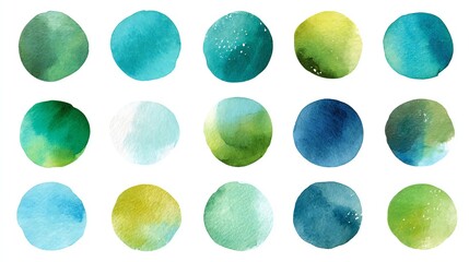 Vibrant Watercolor Circles Set: Green & Blue Artistic Paint Spots. Abstract Hand-Painted Aqua Blots, Organic Design Elements for Creative Backgrounds & Textures
