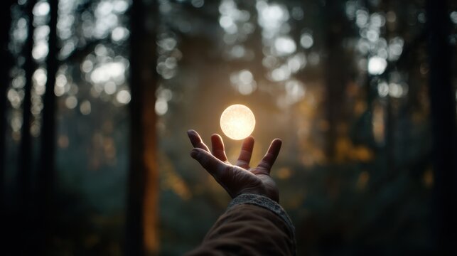 A person holds a glowing orb in their hand standing among trees in a forest. The light from the orb illuminates the surroundings as twilight settles in.