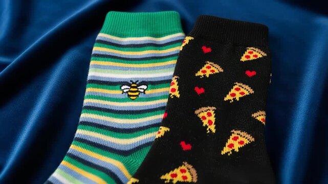 Colorful striped socks with a charming bee design are displayed alongside black socks featuring playful pizza and heart patterns. Fun and fashionable apparel for everyday wear