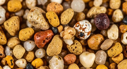 A diverse assortment of small stones and pebbles displayed closely together