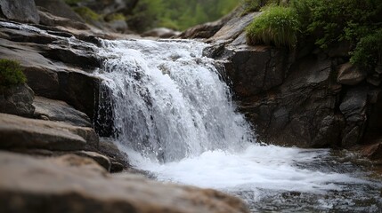 Fototapeta premium A scenic waterfall cascades over rough rocks in a tranquil natural landscape