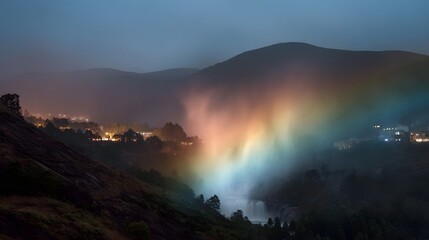 Fototapeta premium A vibrant rainbow mist shimmers over a misty waterfall at twilight illuminating a mountain landscape with distant lights
