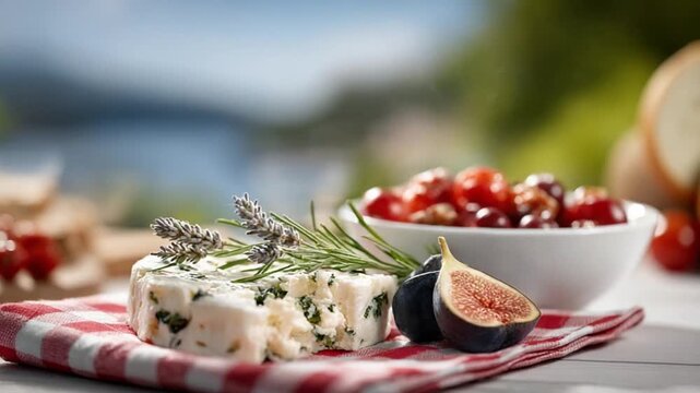 Delicate Cheese and Fruit Arrangement: A picturesque tableau of artisanal cheese, ripe figs, and fresh tomatoes, artfully arranged and inviting a moment of culinary delight.