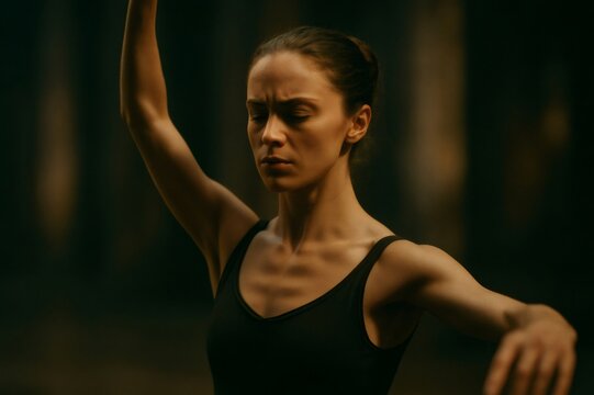 Young woman ballet dancer performing, eyes closed, concentrating on movement and grace, dark background