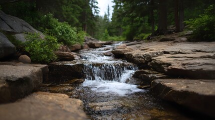 Obraz premium A tranquil forest stream cascades over weathered rocks surrounded by lush green vegetation and tall trees