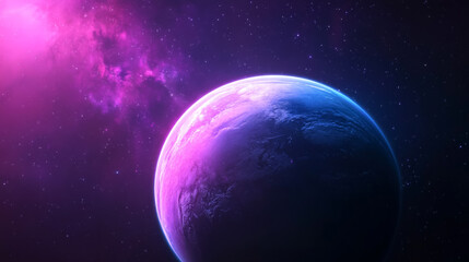 Crystalline cyan ice planet with pink bioluminescent surface in outer space exploration scene