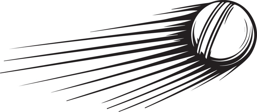 Black and white illustration of a cricket ball in motion with dynamic speed lines sport game