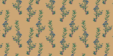 Nature seamless horizontal pattern. Branches of green leaves with blueberries on a brown beige background. Plant print for textiles, paper, and fabric.