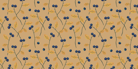 Brown horizontal foliage pattern. Yellow autumn leaves on a branch and small blue berries print for vintage fabric and retro paper.