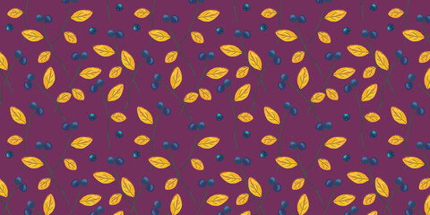 Nature seamless horizontal pattern. Branches of yellow autumn leaves with blue berries on a purple background. Plant print for textiles, paper, and fabric.