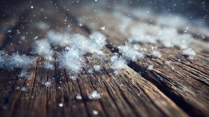 Snowflakes drift down gently and land on a rustic wooden surface in a winter outdoor scene. The cold air makes the snowflakes sparkle slightly as they accumulate.