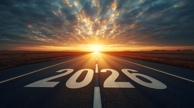Wide-angle photograph of an empty asphalt road stretching toward the horizon at sunrise, with Large white painted year 2026 centered. Concept of progress, future, and new beginnings.