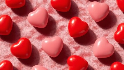 A collection of vibrant heart-shaped candies in shades of red and pink are elegantly arranged on a soft, textured surface. the image captures the essence of romance and sweetness.