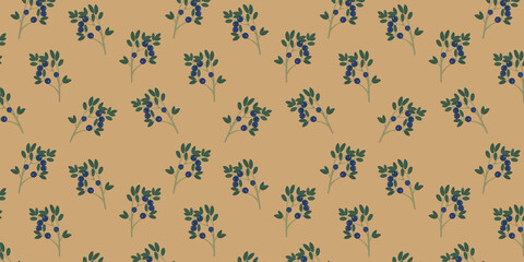 Nature seamless horizontal pattern. Branches of green leaves with blue berries on a craft brown background. Plant print for textiles, paper, and fabric.