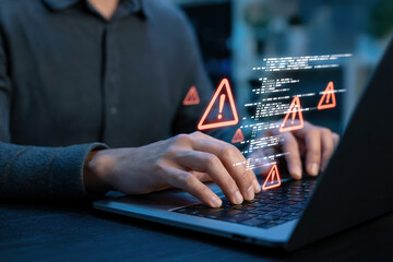 Cybersecurity concept showing warning signs and a secure padlock on a digital interface