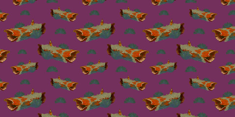 Nature seamless horizontal pattern. Old tree trunks covered in green moss on a purple background. Plant print for textiles and fabrics.