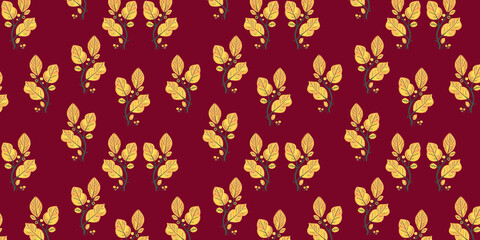 Brown horizontal foliage pattern. Yellow autumn leaves on a branch print wallpaper for vintage fabric and retro paper.
