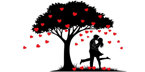 Romantic silhouette couple kissing under heart tree