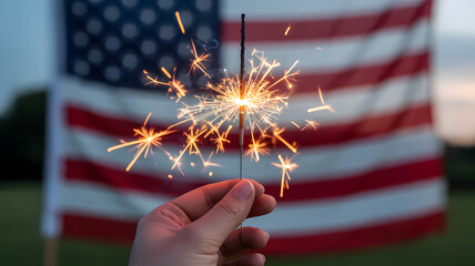 A celebratory sparkler lights up the night sky against a proud american flag backdrop