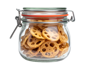 Crispy lotus root chips filling a clear glass jar