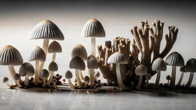 Delicate cluster of small white mushrooms with ribbed caps growing on a reflective surface. Organic coral-like structures complement the intricate natural beauty