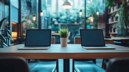 Two laptops facing each other table online meeting concept remote collaboration and digital teamwork theme