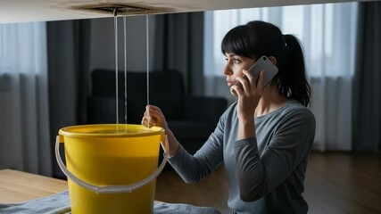 Female adult caucasian calls for help with a ceiling leak. Water drips into a yellow bucket from the damaged roof. She looks worried about the home emergency