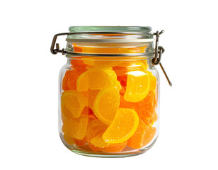 Glass jar filled with sliced orange-shaped fruit candies