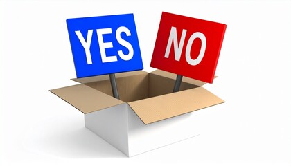Open cardboard box with "YES" and "NO" speech bubble signs on a white background
