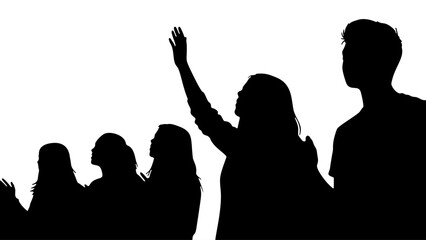 Young people worshiping silhouettes with raised hand black vector illustration