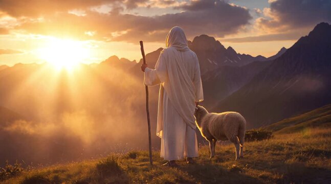 The shepherd Jesus stands on a mountain cliff with a sheep, admiring the golden sunset. This peaceful biblical scene evokes divine love, care, and protection. The parable of the lost sheep.
