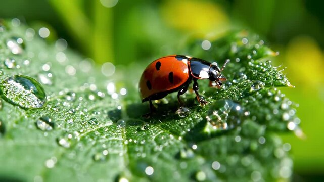 Ladybug on dewy leaf
