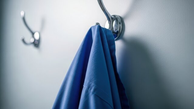 Blue medical scrub hanging on a chrome hook against a white wall. Doctor or nurse uniform in a hospital locker room. Healthcare and medicine concept with copy space