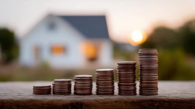 Financial Growth: Stacked coins in ascending order, symbolizing the steady increase of investment, in front of the dream home, with the warm, golden hues of the sunset in the background.