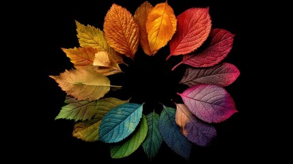 Leaves of different colors are arranged in a circular form. Each leaf displays unique shades reflecting the beauty of autumn. The background is dark to highlight the vibrant colors.