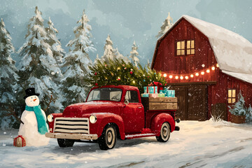 Charming Winter Scene with Red Truck and Christmas Deliveries