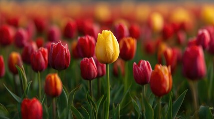 A garden filled with vibrant tulips shows a mix of red blooms and a single yellow flower standing out. The scene captures the essence of a spring day in full bloom.