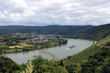 Fototapeta premium Flusskreuzfahrtschiff auf dem Rhein im Mittelrheintal bei Boppard in Rheinland-Pfalz