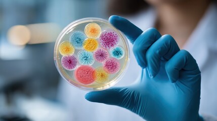 A person in a lab coat and gloves shows a petri dish filled with colorful microbial growth. The scene takes place in a laboratory. It highlights scientific study and research.